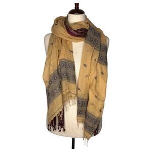 Indigo Handloom Embroidered Border Scarf Wrap 39x80 Fringe Cotton Lightweight